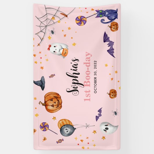 Schattigee Roze Spooky Halloween Kids Verjaardag Spandoek (Verticaal)