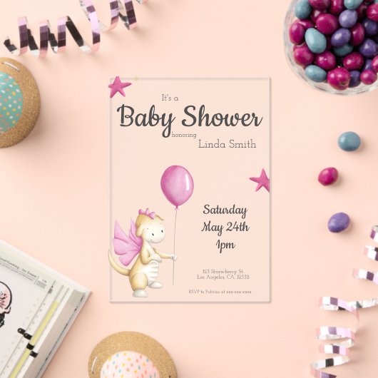 Schattigee Roze Sprookjesachtige Dragon Girl Baby  Acryl Uitnodigingen (Insitu (Viering))