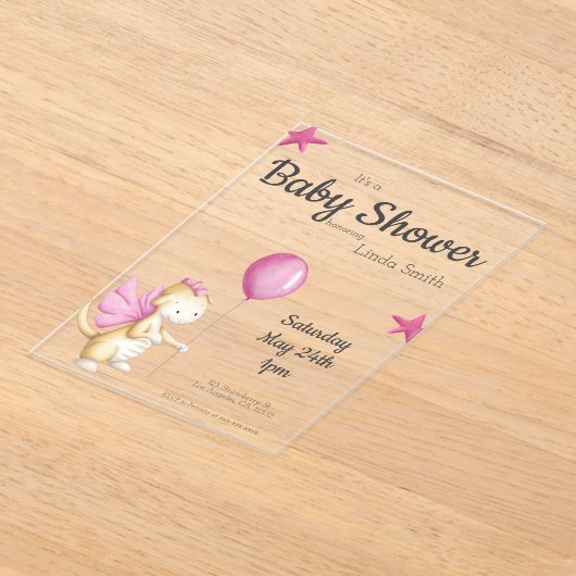 Schattigee Roze Sprookjesachtige Dragon Girl Baby  Acryl Uitnodigingen (Laagn)