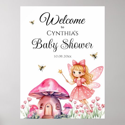 Schattigee Roze Sprookjespaddenstoelen Baby shower Poster (Voorkant)