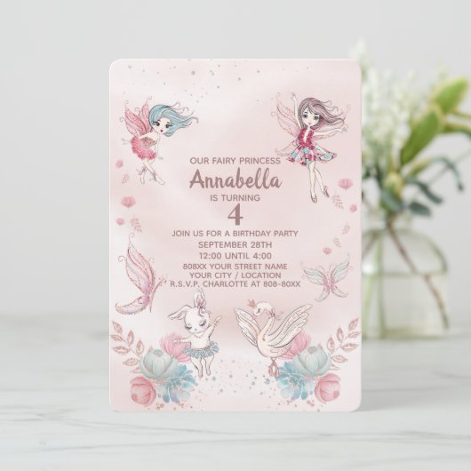 Schattigee roze sprookjesprinses en ballerina's kaart (Staand voorkant)