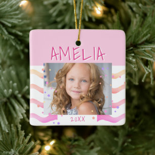 Schattigee Roze Sterren en Golven Girly Foto Keram Keramisch Ornament