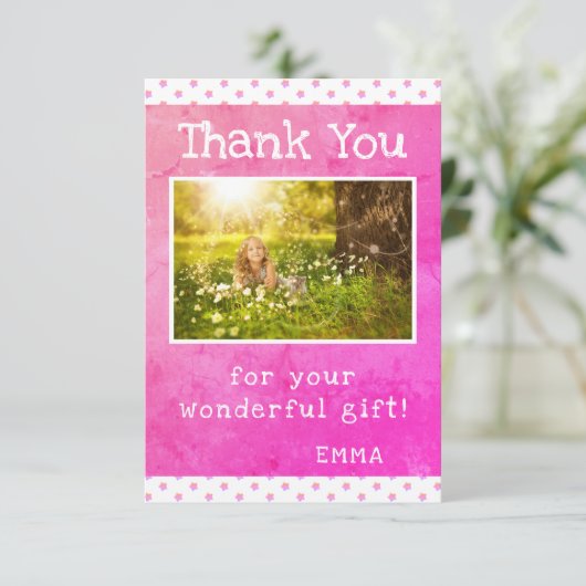 Schattigee Roze Sterrenpatroon Girly Foto Verjaard Bedankkaart (Staand voorkant)