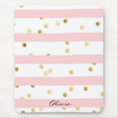 Schattigee Roze Strepen Gouden Polka Dots met Naam Muismat (Voorkant)