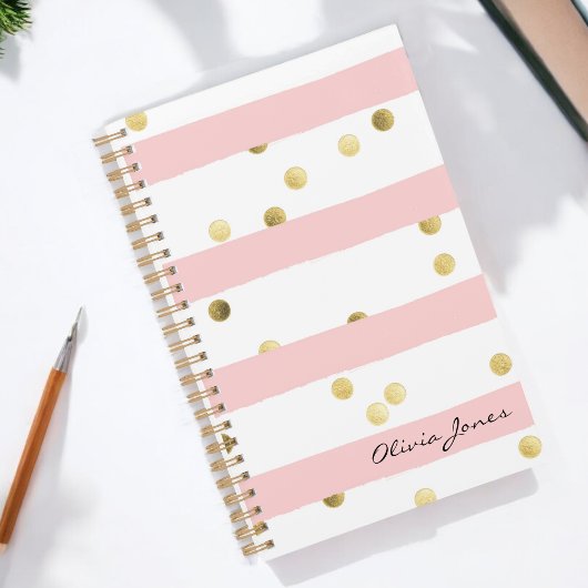 Schattigee Roze Strepen Gouden Polka Dots met Naam Planner