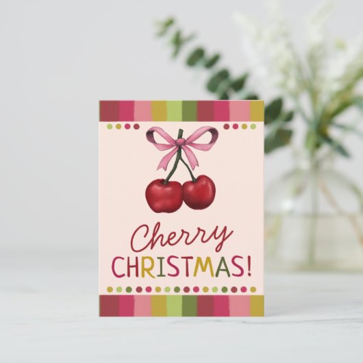Schattigee roze strik en rode kersen kerst feestdagenkaart (Staand voorkant)