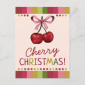Schattigee roze strik en rode kersen kerst feestdagenkaart (Voorkant)