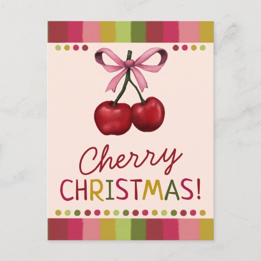 Schattigee roze strik en rode kersen kerst feestdagenkaart (Voorkant)