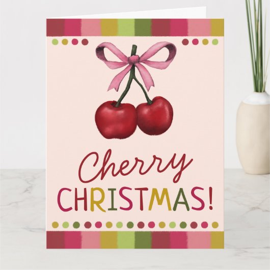 Schattigee roze strik en zoete rode kersen kerst kaart (Voorkant)