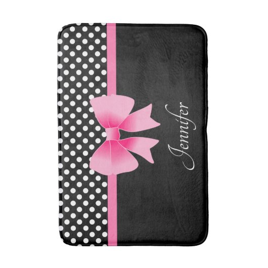 Schattigee roze strik zwart en witte stippen badmat (Voorkant Verticaal)