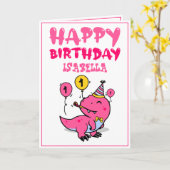 Schattigee Roze T-Rex Dino Kleindochter 1e Verjaar Kaart (Gele Bloem)