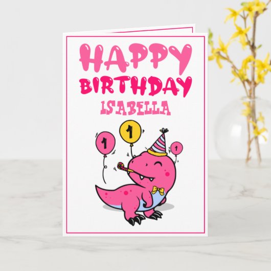 Schattigee Roze T-Rex Dino Kleindochter 1e Verjaar Kaart (Gele Bloem)