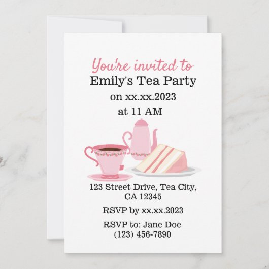 Schattigee Roze Tea Party Uitnodiging (Voorkant)