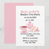 Schattigee Roze Tea Party Uitnodiging (Voorkant / Achterkant)