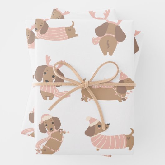 Schattigee Roze Teckel Kerst Wrapping papier Inpakpapier Vel (In situ)