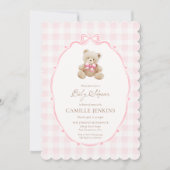 Schattigee Roze Teddy Bear Meisje Baby shower Uitn Kaart (Voorkant)