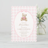 Schattigee Roze Teddy Bear Meisje Baby shower Uitn Kaart (Staand voorkant)
