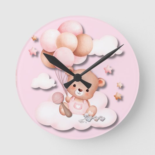Schattigee Roze Teddy Bear Nursery Wall Clock Ronde Klok (Voorkant)