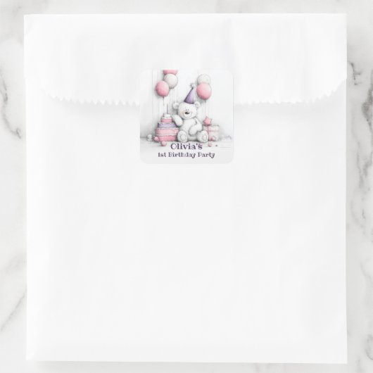 Schattigee Roze Teddybeer 1e Verjaardag Envelop Ze Vierkante Sticker (Tas)