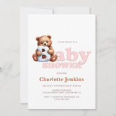 Schattigee roze teddybeer Baby shower uitnodiging (Voorkant)