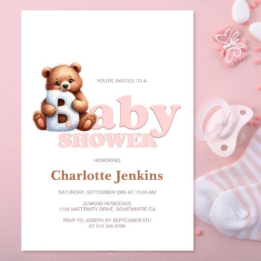 Schattigee roze teddybeer Baby shower uitnodiging