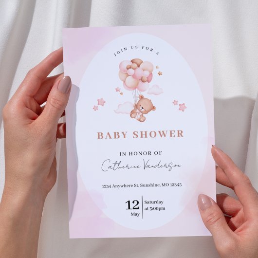 Schattigee Roze Teddybeer Baby Shower Uitnodiginge Kaart