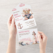Schattigee Roze Teddybeer Nautisch Meisje Baby sho All In One Uitnodiging (Afscheurbaar)