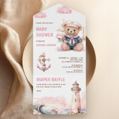 Schattigee Roze Teddybeer Nautisch Meisje Baby sho All In One Uitnodiging