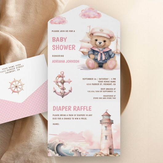 Schattigee Roze Teddybeer Nautisch Meisje Baby sho All In One Uitnodiging