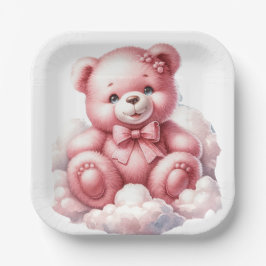 SCHATTIGEE ROZE TEDDYBEER ZITTEND OP EEN WOLK PAPIEREN BORDJE