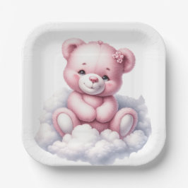 SCHATTIGEE ROZE TEDDYBEER ZITTEND OP EEN WOLK PAPIEREN BORDJE