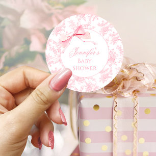Schattigee Roze Toile Bow Ribbon Baby Meisje Douch Ronde Sticker