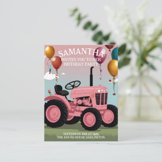 Schattigee Roze Tractor Verjaardag Kaart (Staand voorkant)
