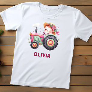 Schattigee roze tractor voor meisjes gepersonalise kinder shirts