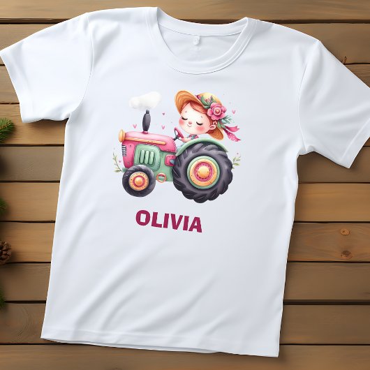 Schattigee roze tractor voor meisjes gepersonalise kinder shirts