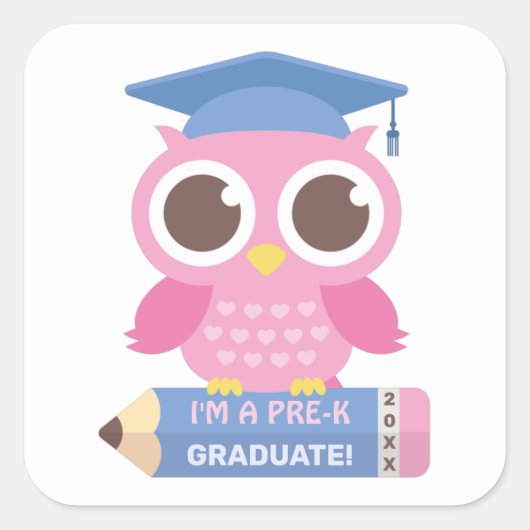 Schattigee roze uil Afstuderen, afstudeerfeest Vierkante Sticker (Voorkant)