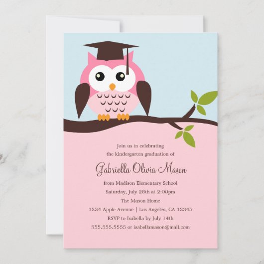 Schattigee Roze Uil Graduation Party Invitation Kaart (Voorkant)