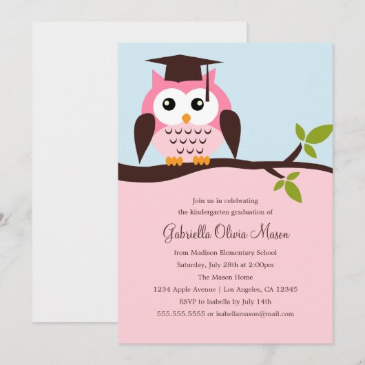 Schattigee Roze Uil Graduation Party Invitation Kaart (Voorkant / Achterkant)