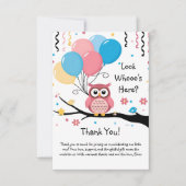 Schattigee Roze Uil met Ballonnen & Confetti Baby  Bedankkaart (Voorkant)