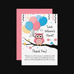 Schattigee Roze Uil met Ballonnen & Confetti Baby  Bedankkaart