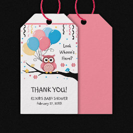 Schattigee Roze Uil met Ballonnen & Confetti Baby  Cadeaulabel