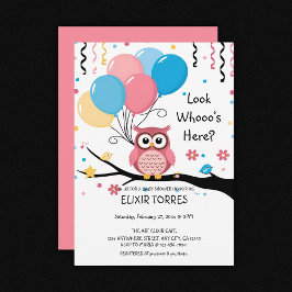 Schattigee Roze Uil met Ballonnen & Confetti Baby  Kaart