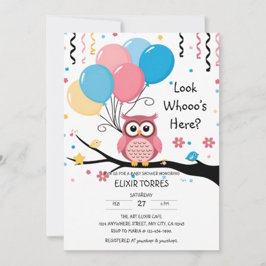 Schattigee Roze Uil met Ballonnen & Confetti Baby  Kaart (Voorkant)