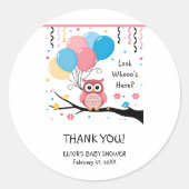 Schattigee Roze Uil met Ballonnen & Confetti Baby  Ronde Sticker (Voorkant)