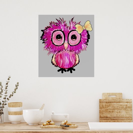 Schattigee roze Uil met lintboog Poster (Keuken)