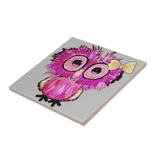 Schattigee roze Uil met lintboog Tegeltje (Zijkant)
