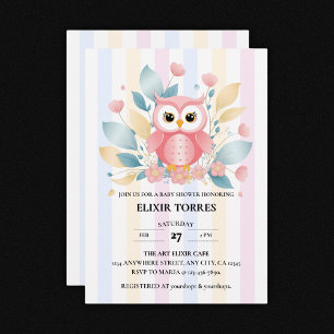Schattigee Roze Uil Pastel Floral Design Baby show Kaart