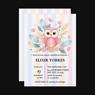 Schattigee Roze Uil Pastel Floral Design Baby show Kaart