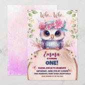 Schattigee roze uil thema verjaardagsuitnodiging kaart (Voorkant / Achterkant)