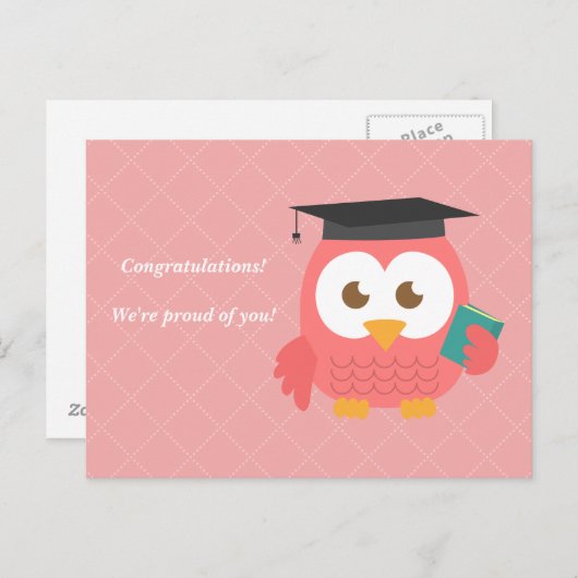 Schattigee Roze Uil voor Afstuderen Aankondigingskaart (Voorkant / Achterkant)